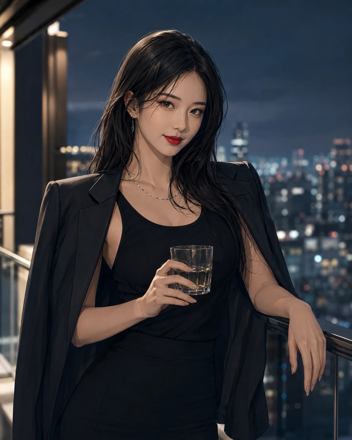 夜景のテラスでグラスを持ち、こちらを見る黒髪の女性トレーダー（イラスト）
