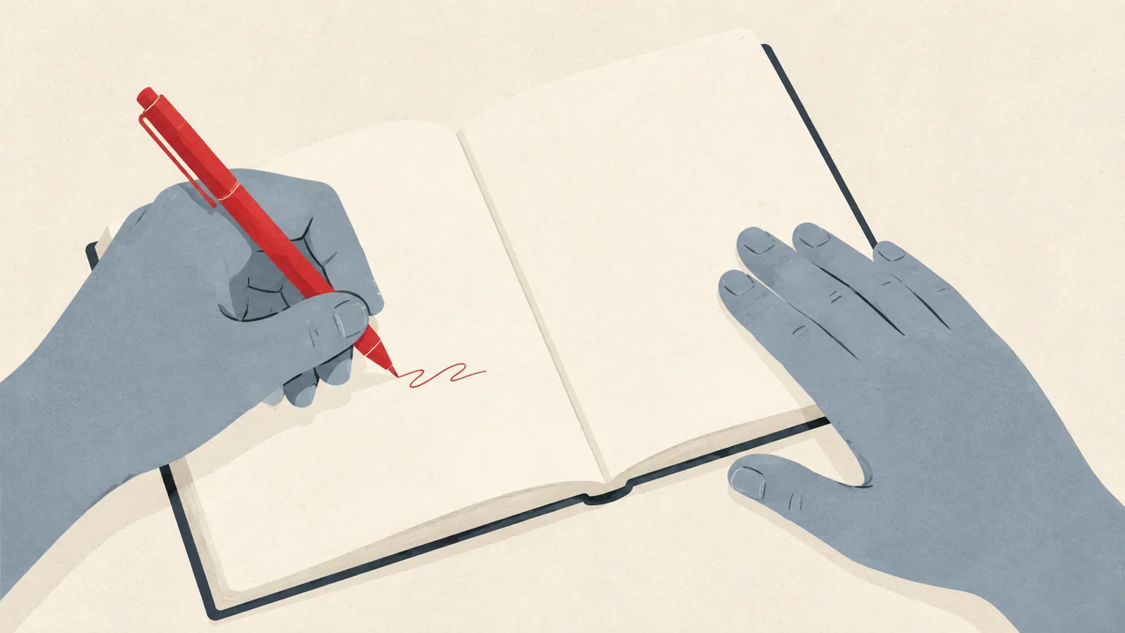 ノートに赤いペンで書き込む手元。取引の記録をつける場面。