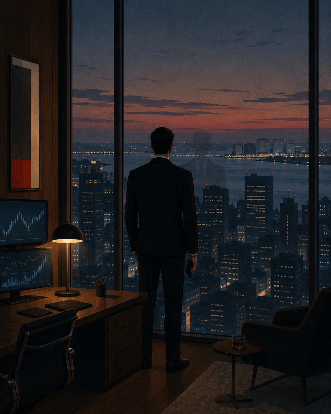 スーツ姿の人物が高層階の窓から夜の街と遠くのタンク群を見下ろす後ろ姿（イラスト）