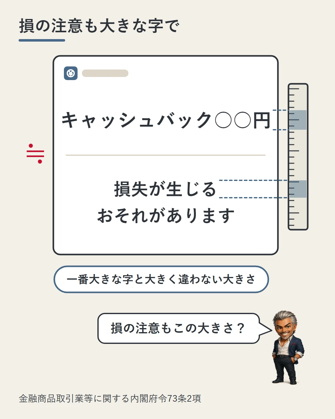 架空の広告で「キャッシュバック○○円」と「損失が生じるおそれがあります」がほぼ同じ大きさで並び、損の注意は一番大きな字と大きく違わない大きさにする決まりを、城戸が確かめる図