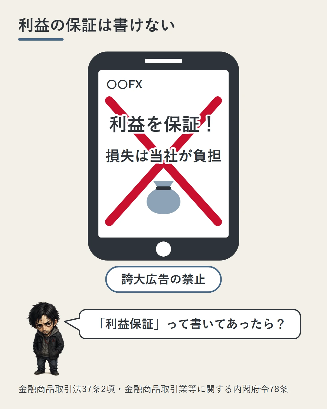 架空の広告の「利益を保証」「損失は当社が負担」という文に大きな赤い×を重ね、損の負担や利益の保証を思わせる誇大広告は禁止だと、勝又の問いかけで見せる図