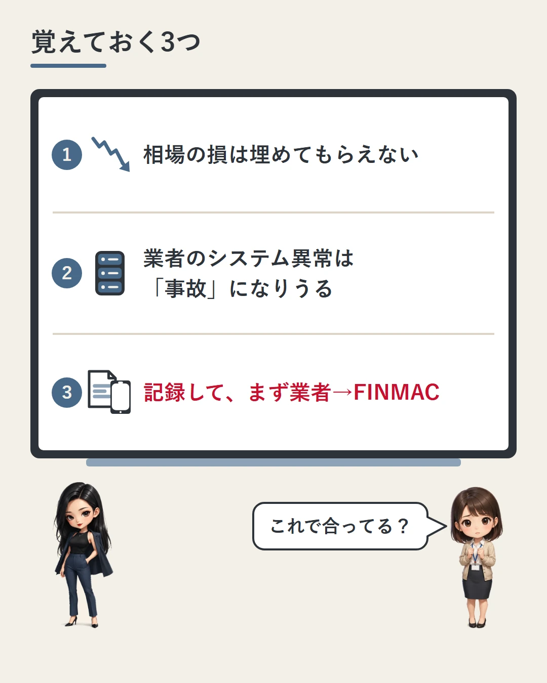ホワイトボードの3行の前に凛と美咲が立ち、美咲がこれで合っているかを確かめる図。相場の損は埋めてもらえない、業者のシステム異常は事故になりうる、記録してまず業者へ・話がつかなければFINMACへ