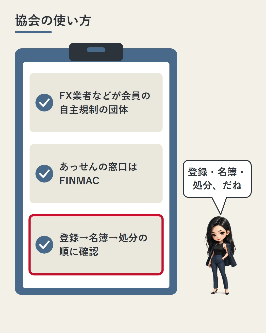 クリップボードに3つの要点を並べた図。FX業者などが会員の自主規制の団体、あっせんの窓口はFINMAC、登録→名簿→処分の順に確認。凛が最後の確かめる順番を声に出して確認している