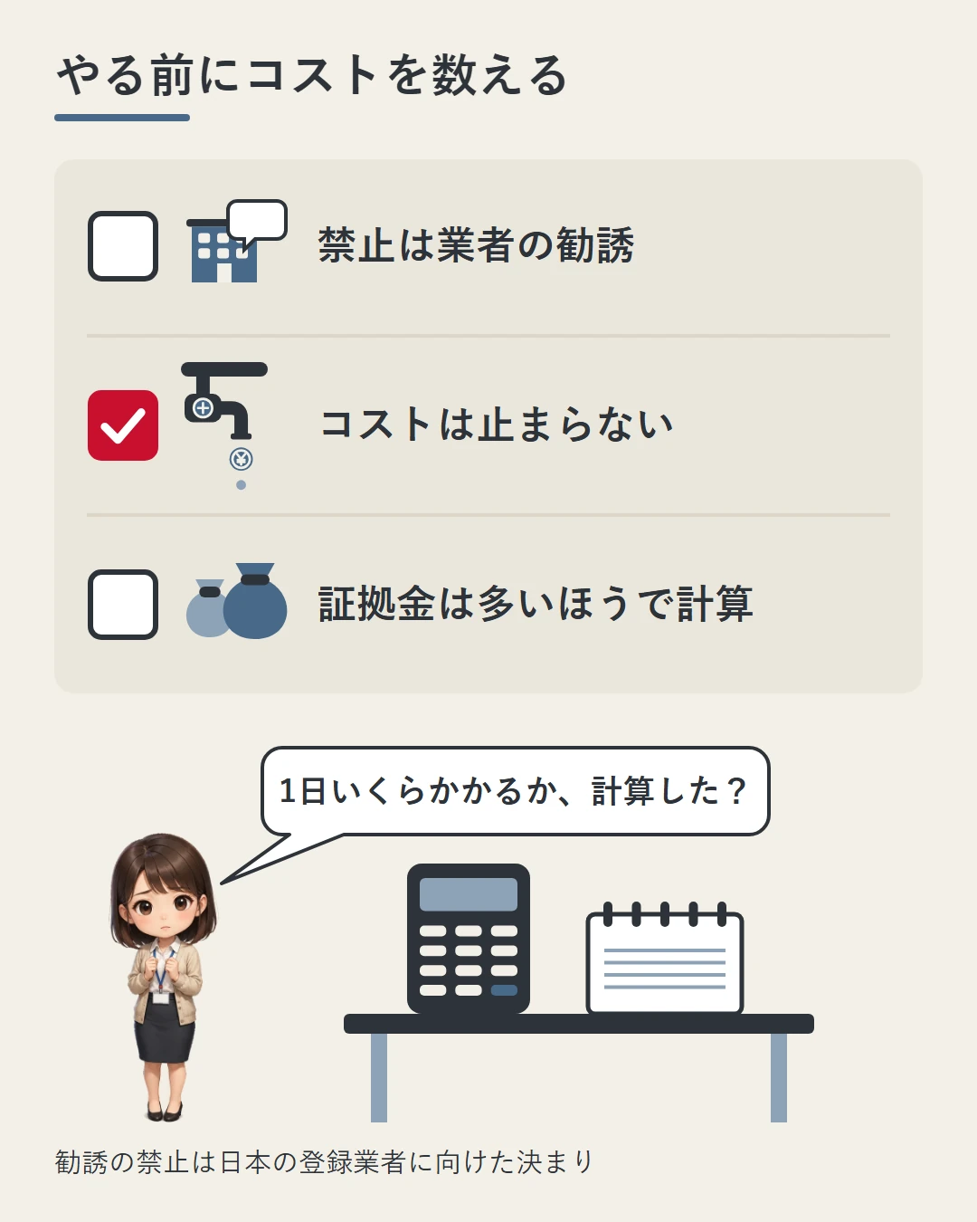 禁止は業者の勧誘・コストは止まらない・証拠金は多いほうで計算、の3つを確かめるチェックリストと、電卓とノートの載った机の横で相田美咲が「1日いくらかかるか、計算した?」と問いかける図
