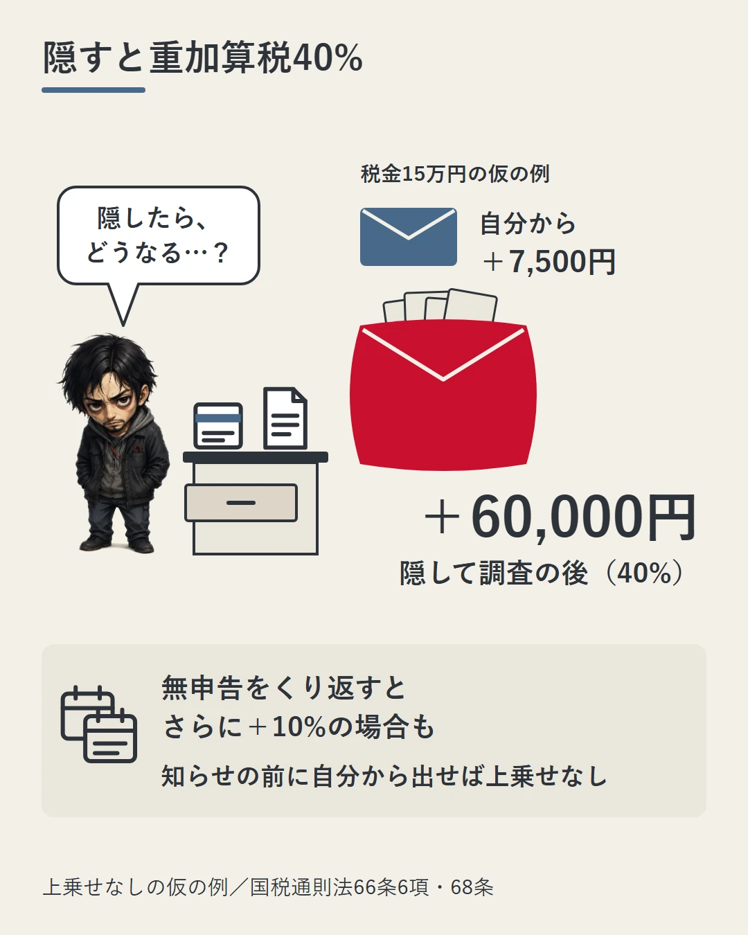 本来の税金15万円の仮の例で、自分から出せば加算税7,500円、事実を隠していて調査の後や決定なら重加算税40%で60,000円になること、無申告をくり返すとさらに10%上乗せの場合があり、知らせの前に自分から出せば上乗せはないことを封筒の大きさで示した図