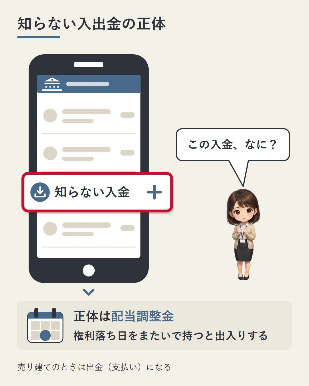 スマホに映る口座の履歴のうち、知らない入金の行だけが赤い枠で目立ち、美咲がこの入金は何かと問いかけている図。その正体は配当調整金で、株式CFDを持ったまま権利落ち日をまたぐと出入りするお金であることを示している