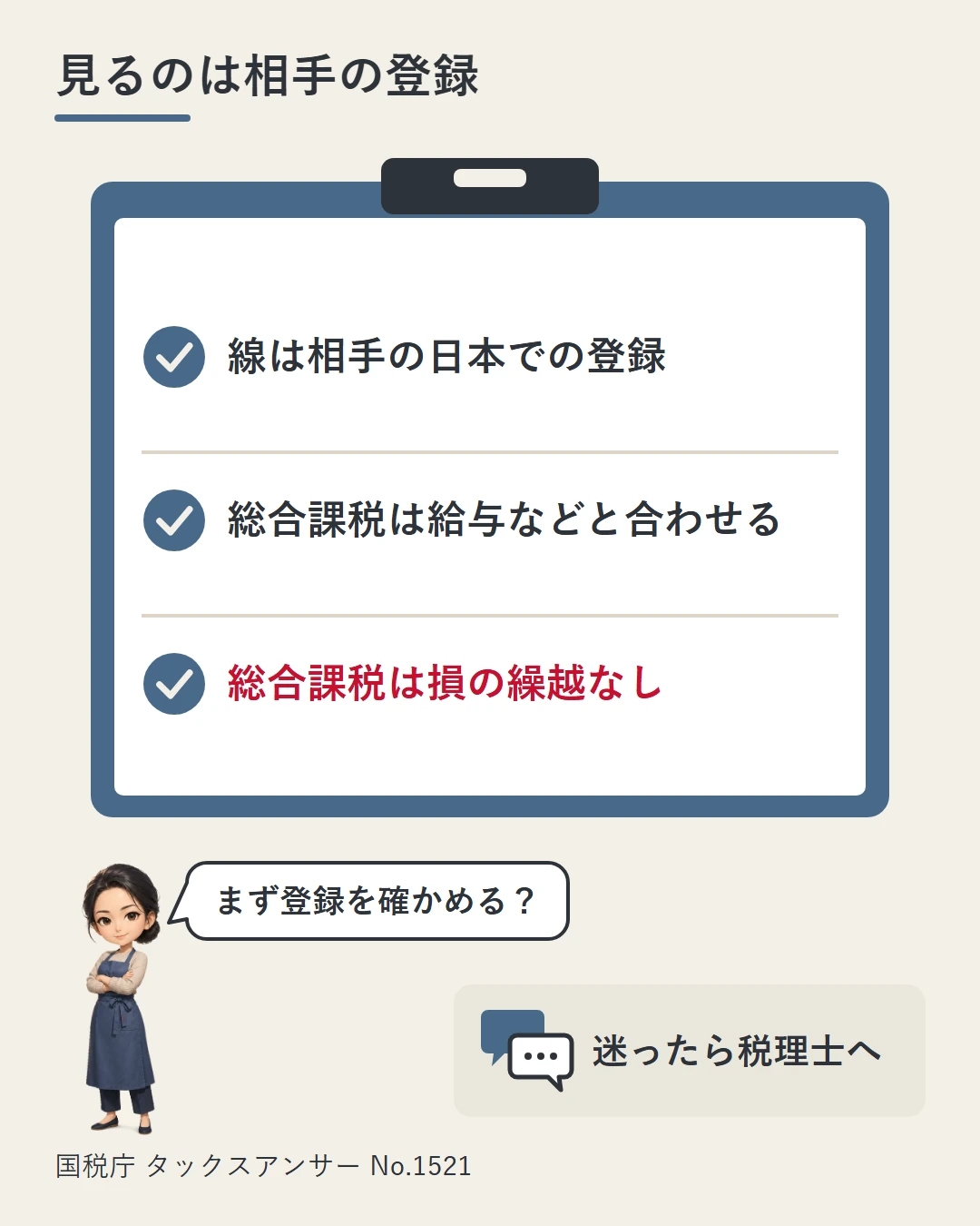 まとめとして、線は相手の日本での登録で決まること、総合課税は給与などと合わせて計算すること、総合課税では損の繰越がないことの3つをチェック欄で示し、迷ったら税理士へと添えた図。横に佳奈が立つ