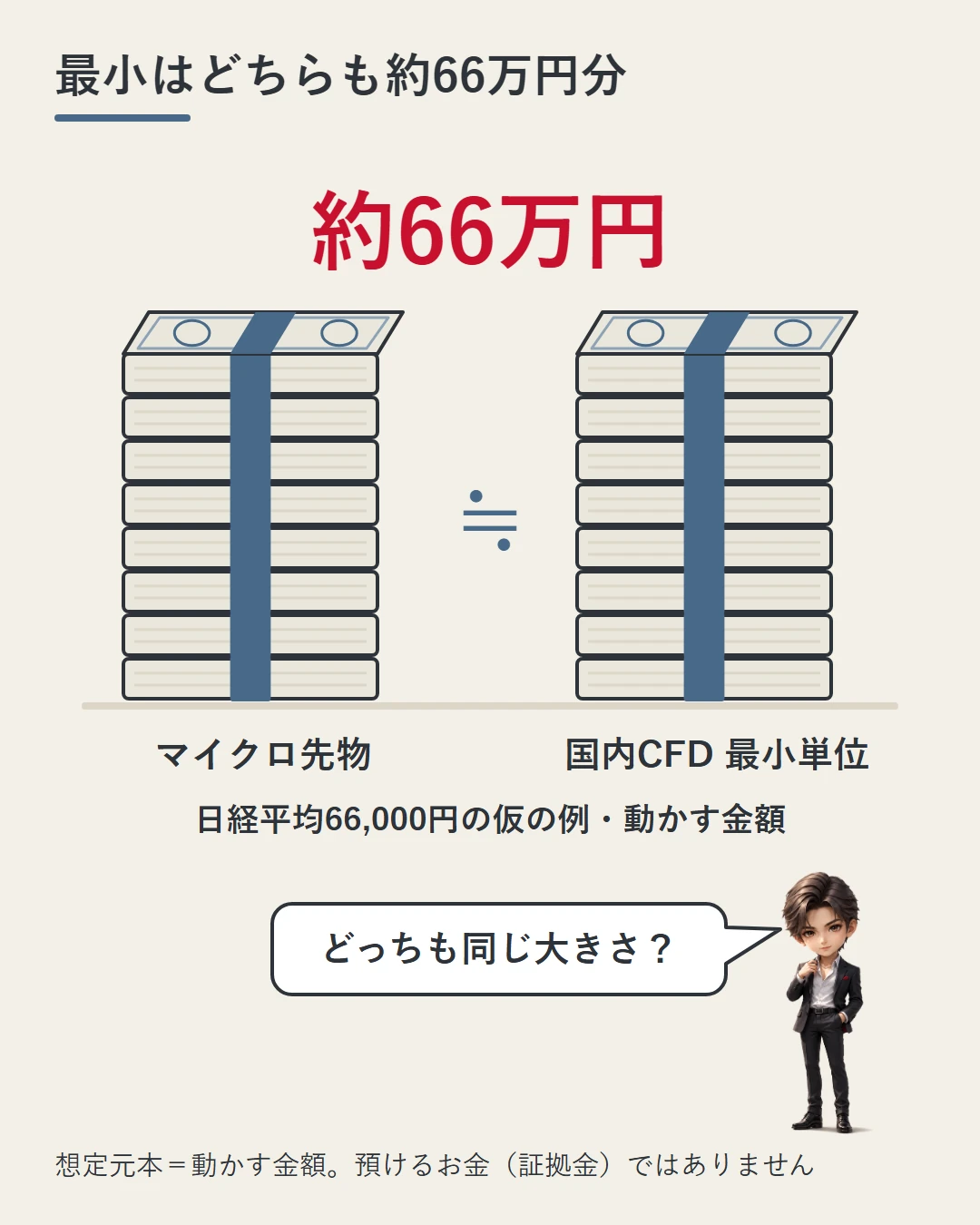日経平均66,000円の仮の例で、マイクロ先物と国内CFDの最小単位の札束の山がほぼ同じ高さで並び、どちらも動かす金額は約66万円分で、預けるお金ではないことを、蓮が確かめている図