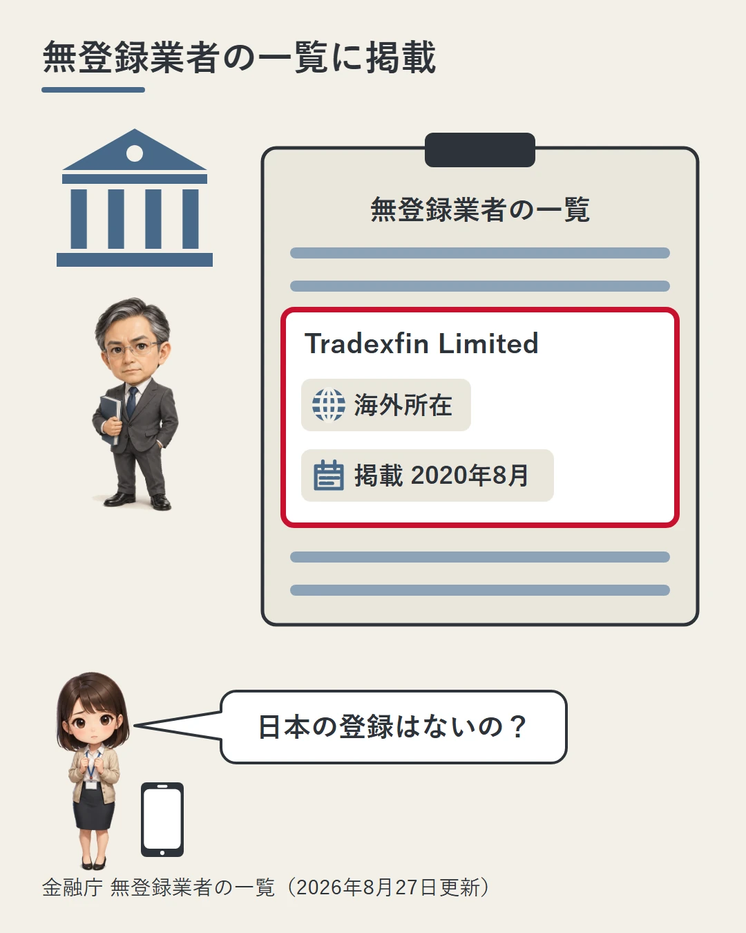 金融庁の職員の横に無登録業者の一覧が広がり、Tradexfin Limitedの行（海外所在・掲載2020年8月）が赤枠で示されている図。美咲が日本の登録はないのかを確かめている
