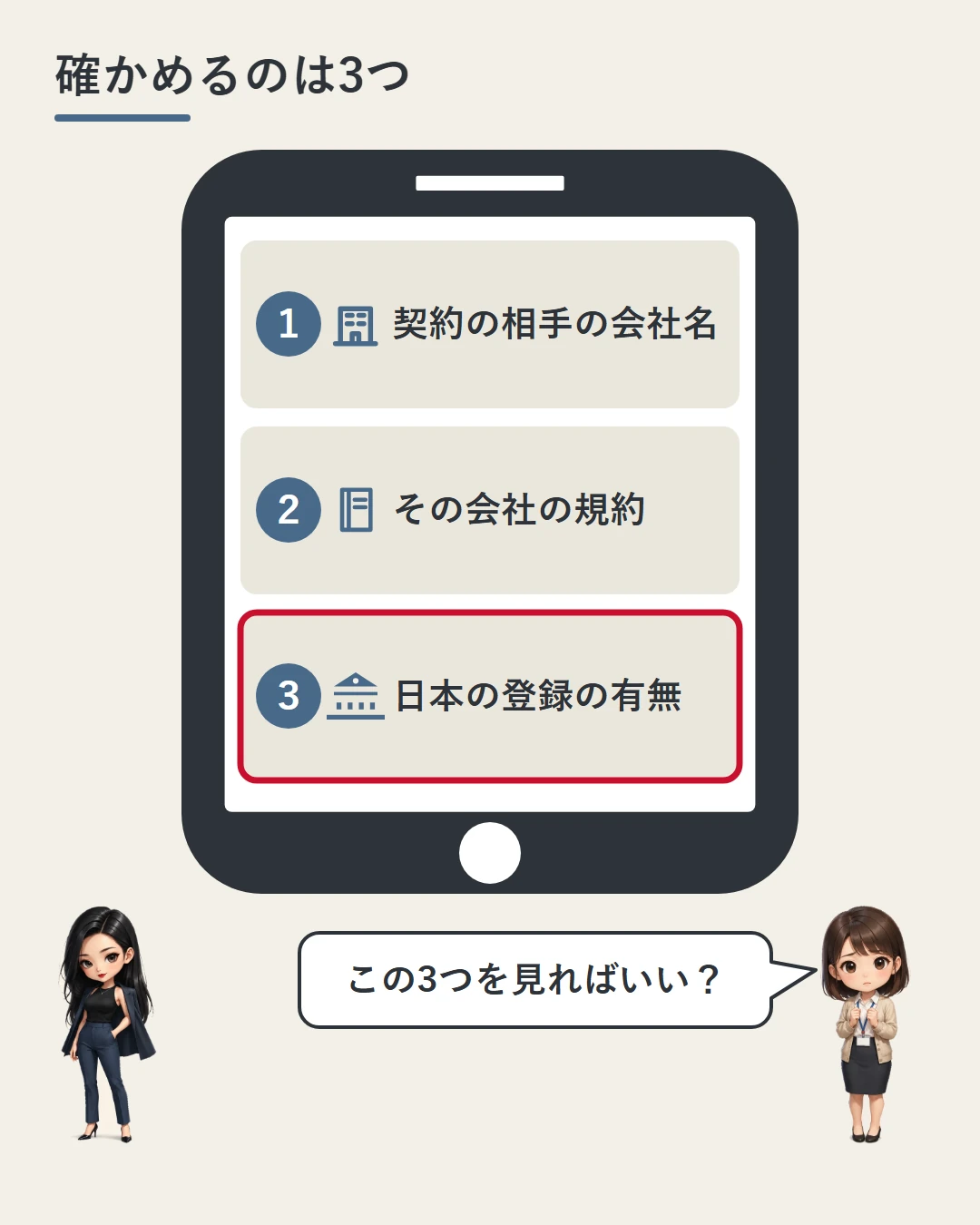 スマホの画面に、契約の相手の会社名・その会社の規約・日本の登録の有無という3つの確認項目を並べた図。凛が案内役として立ち、美咲がこの3つでよいかを確認している