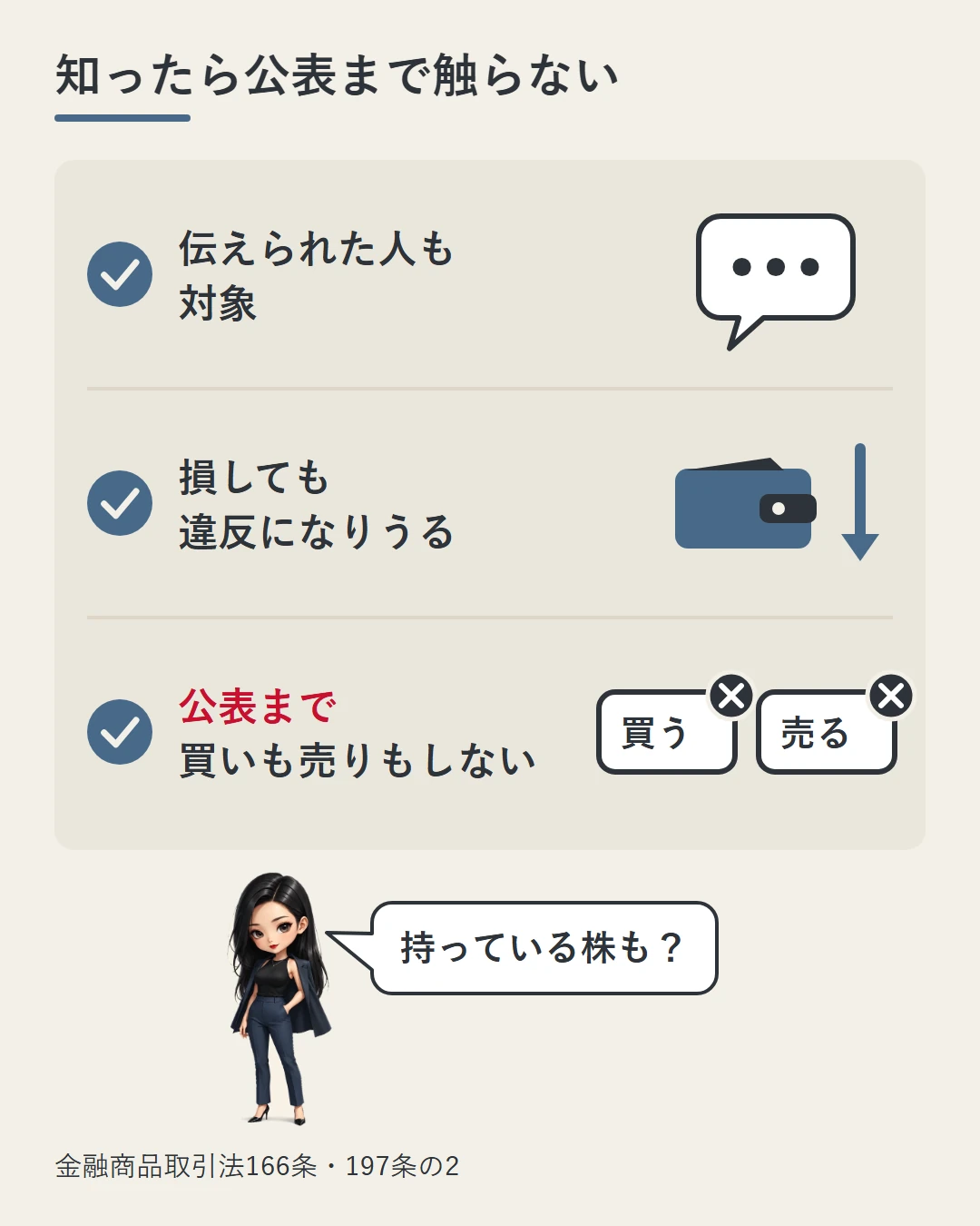 まとめとして、会社関係者から伝えられた人も対象、損しても違反になりうる、公表まで買いも売りもしない、の3つをチェックの形で並べ、凛が持っている株も同じかを確かめている図