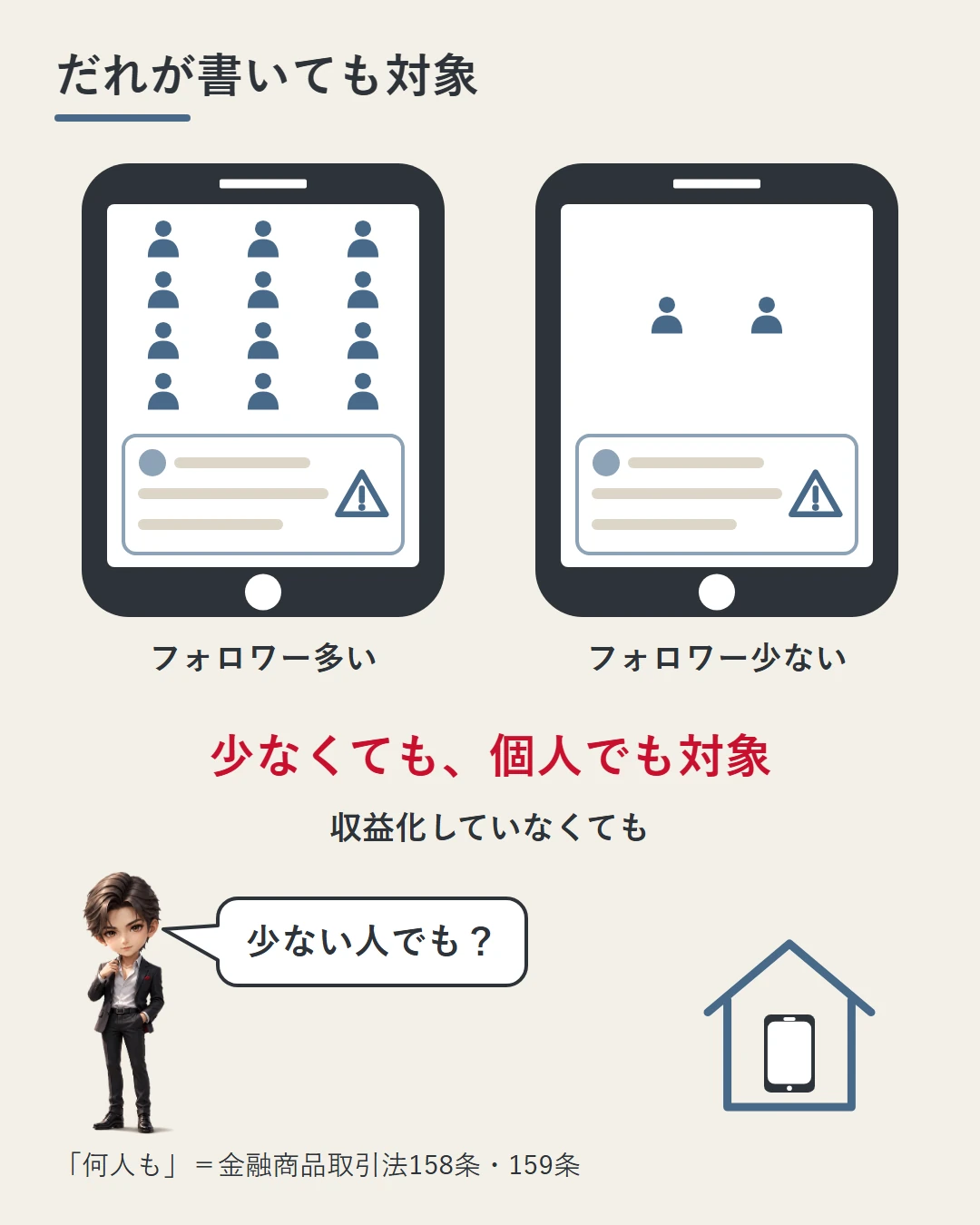 フォロワーの多いアカウントと少ないアカウントのスマホ画面に同じ注意マークを付け、うわさで相場を動かす投稿などの禁止は「何人も」で、フォロワーが少なくても個人でも対象になることを示した図。蓮が問いかけている