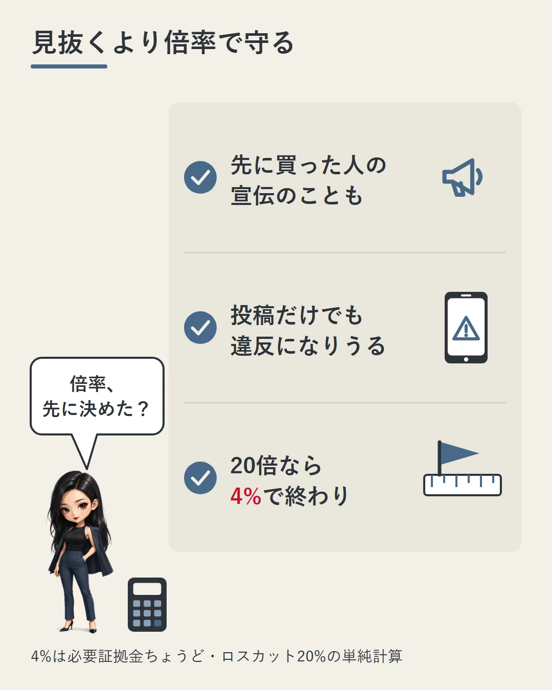 まとめとして、煽り投稿は先に買った人の宣伝のこともある、投稿だけでも違反になりうる、20倍なら4%で終わる、の3つをチェックの形で並べ、凛が倍率を先に決めたかを問いかけている図